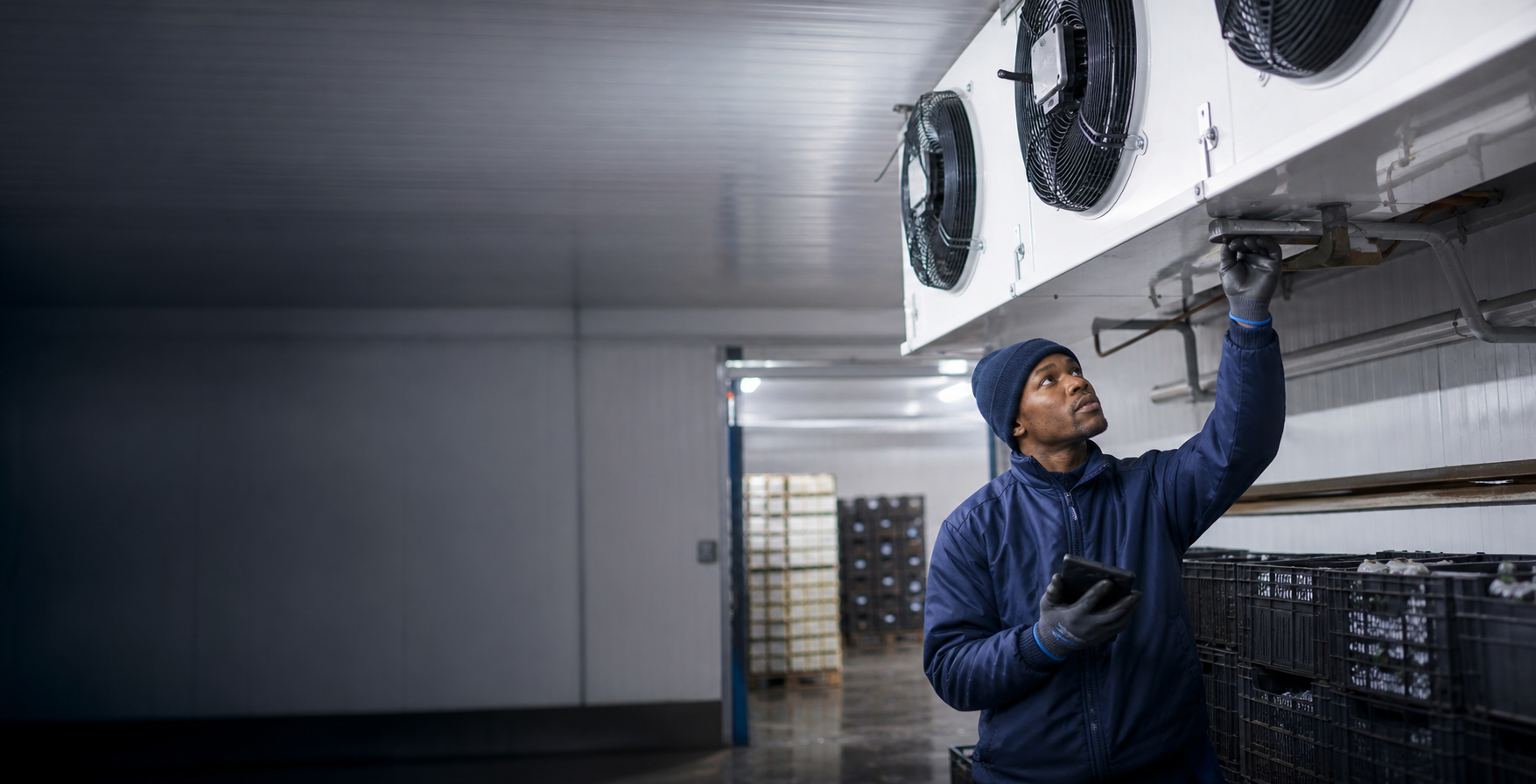 Refrigeration technician inspecting a commercial cold room